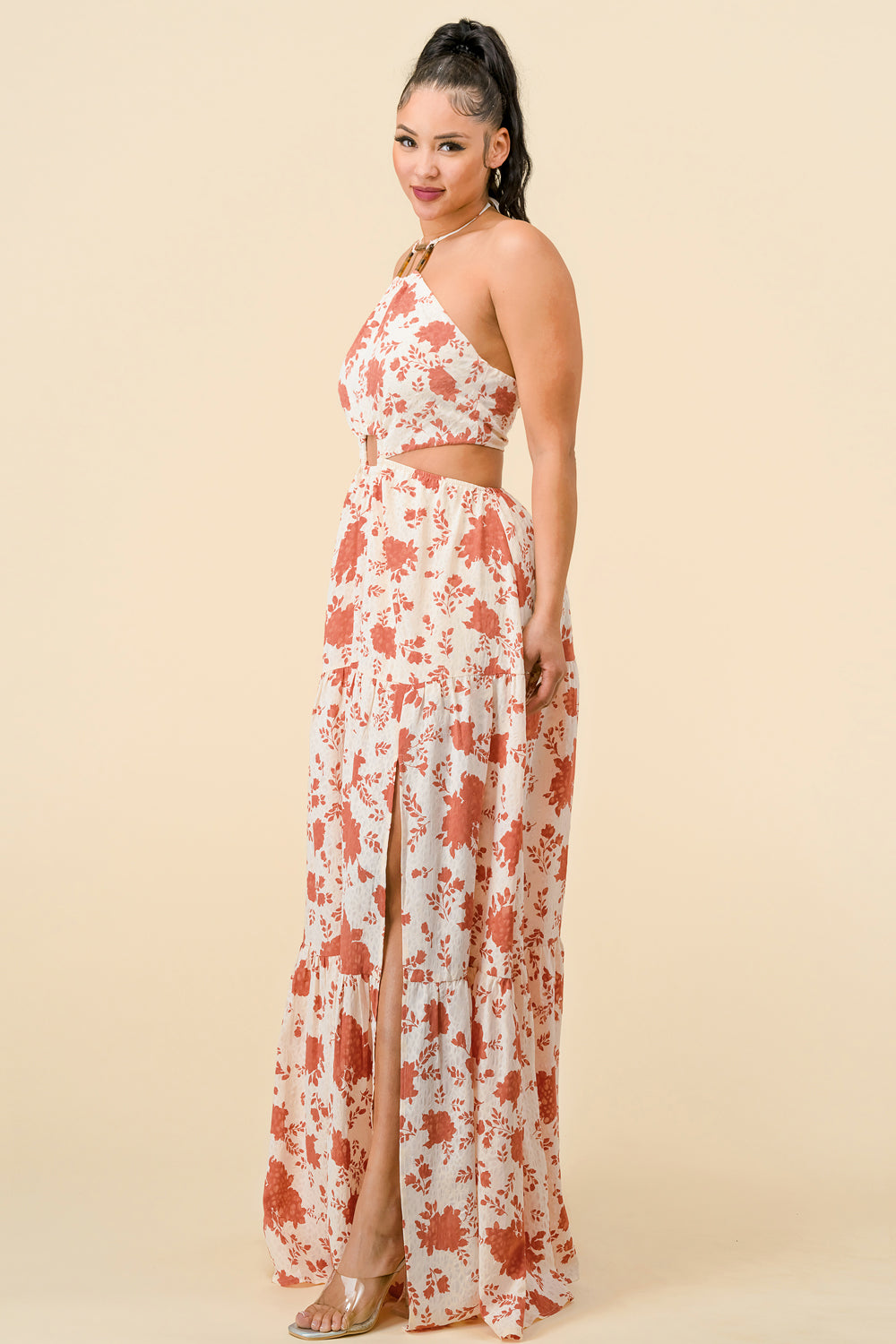 Formal Dresses Long Halter Neck Printed Maxi Dress D. Rose Combo