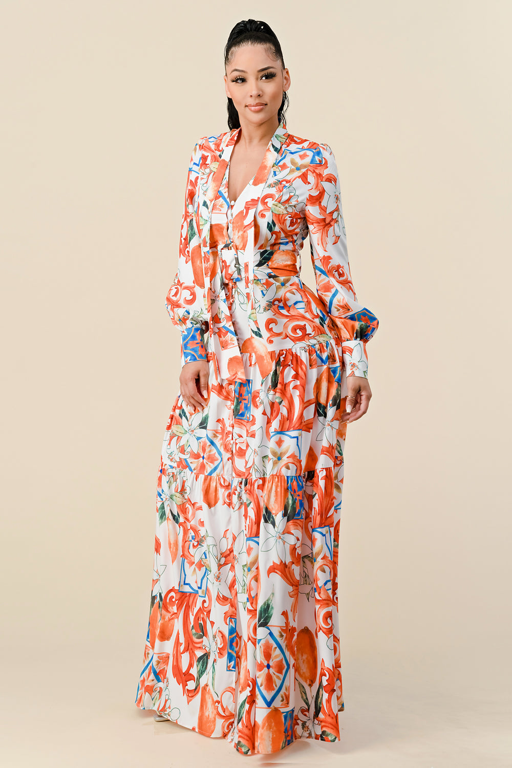 Formal Dresses Long Sleeve V Neck Print Maxi Dress Off White Combo