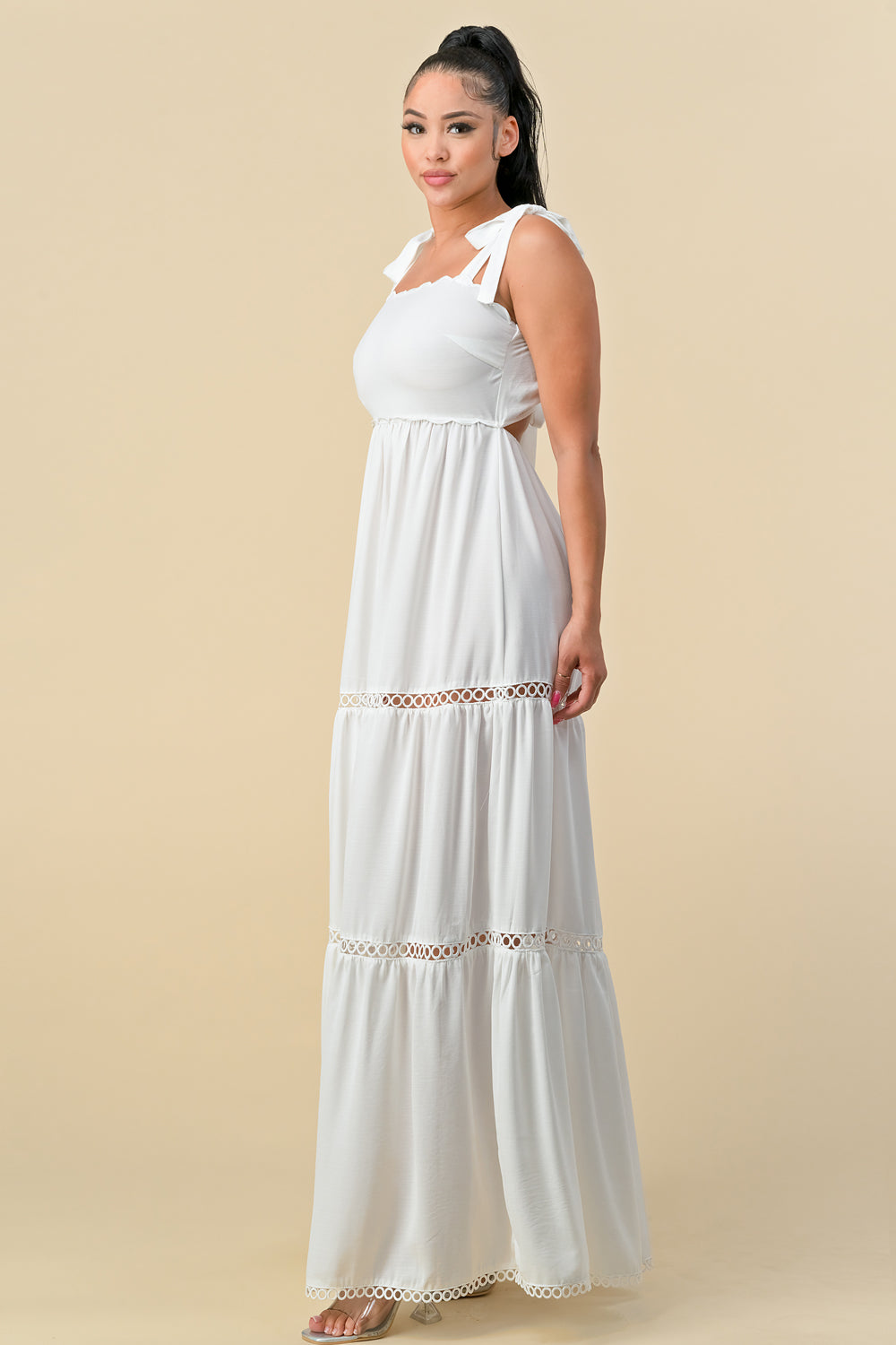 Formal Dresses Long Shoulder Tie Scallop Maxi Dress Off White