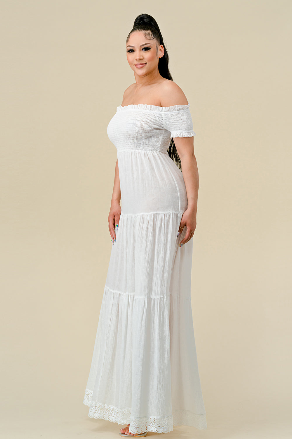 Formal Dresses Long Off Shoulder Ruched Maxi Dress Off White