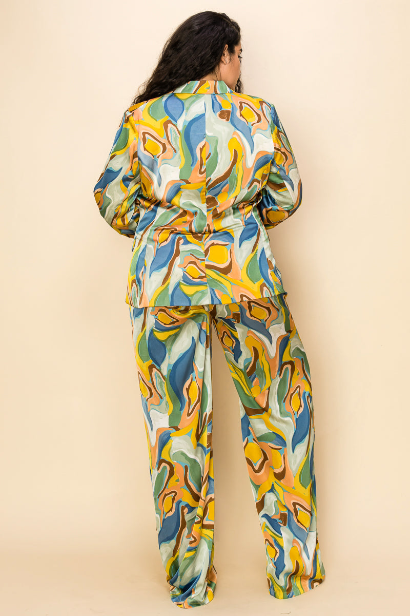 Pant Suit Plus Size One Button Printed Jacket Pant Set Mustard/Blue