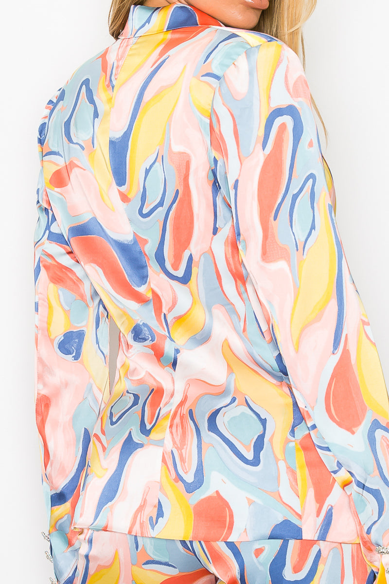 Pant Suit One Button Printed Blazer Pant Set Pink/Blue