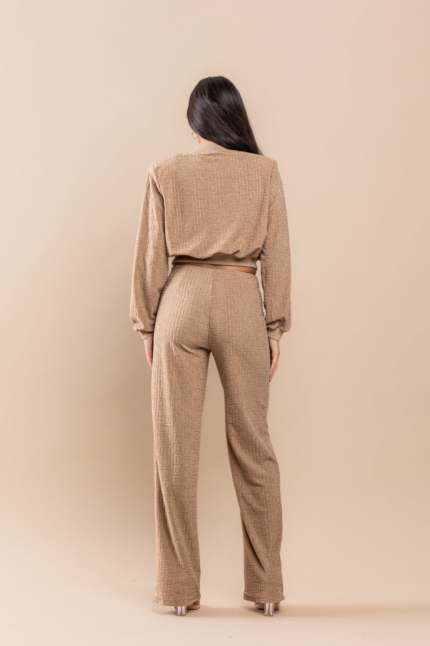 Pant Suit Gingham Pattern Zip Up Jacket Pant Set Mocha