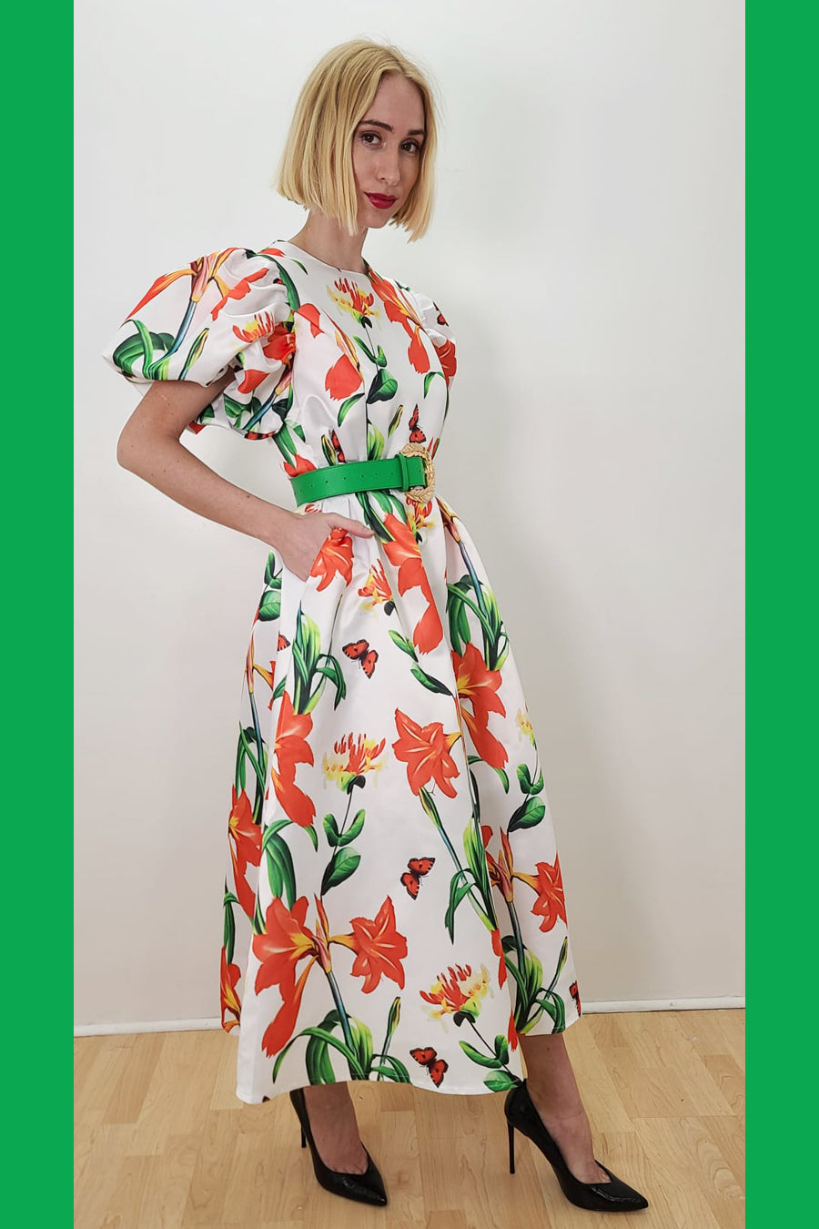 Formal Dresses Puff Sleeve Flower Print Pockets Midi Dress Multi