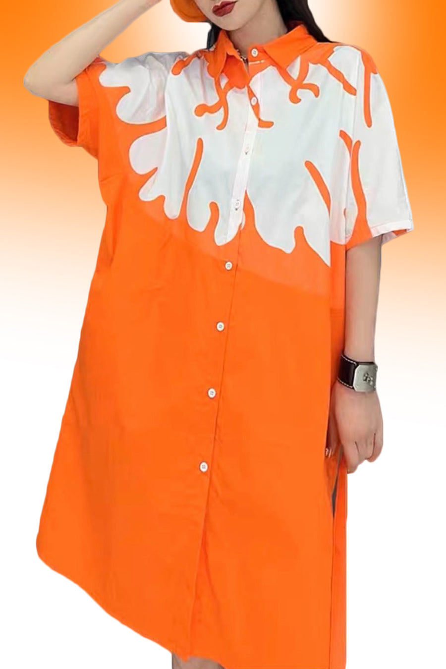 Cocktail Dresses Short Sleeve Button Down Collar Cotton Short Dress Orange