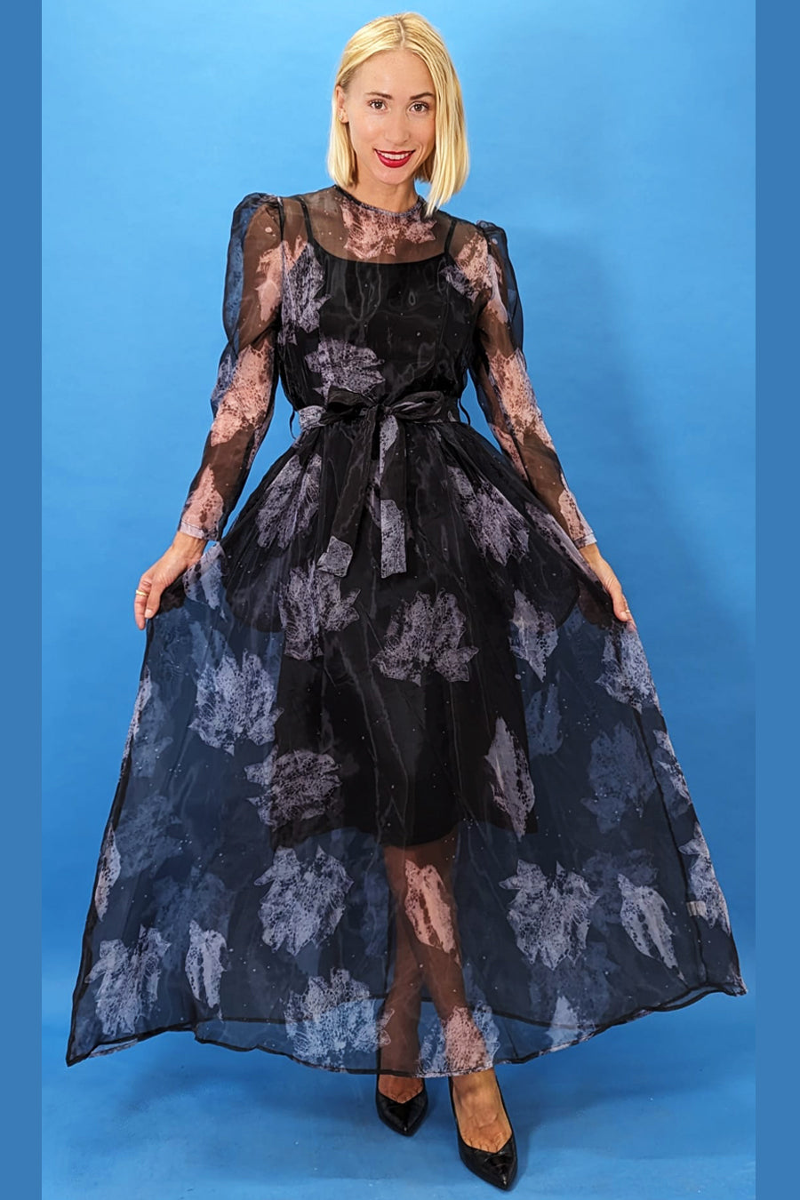 Formal Dresses Long Sleeve Chiffon Inner Camisole Wrap Belt Dress Black