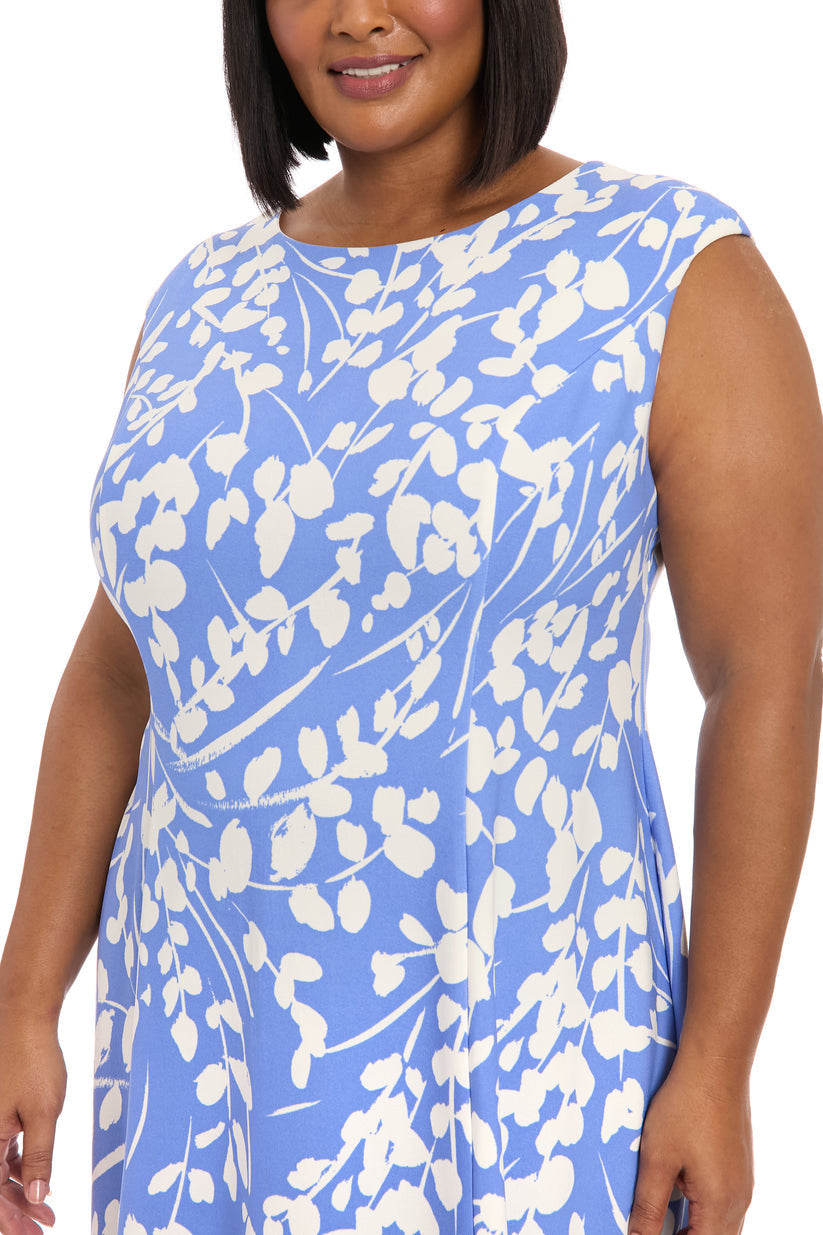 Plus Size Dresses Short Plus Size Floral Print Cocktail Dress Blue Ivory