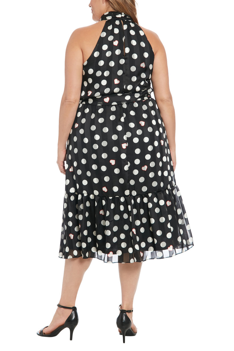 Plus Size Dresses Short Polka Dots Print Midi Length Plus Size Dress Black Cream