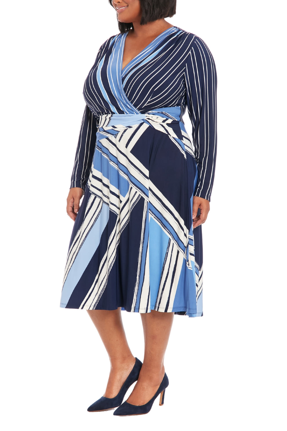 Plus Size Dresses Plus Size Long Sleeve Printed Cocktail Dress Ivory Blue