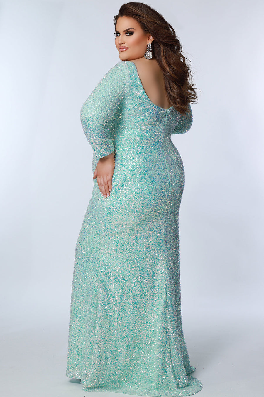 Plus Size Dresses Plus Size Long Sleeve Formal Pleated Sequin Prom Dress Aqua
