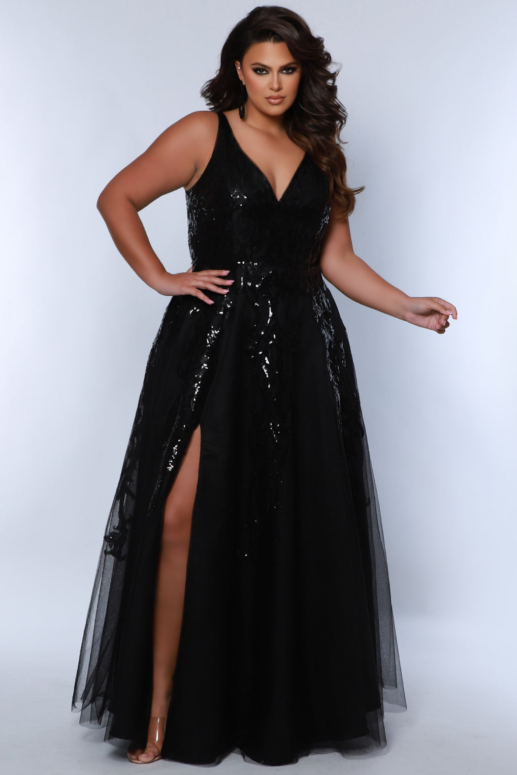 Plus Size Dresses Plus Size A Line Long Formal Sequin Applique Prom Dress Black