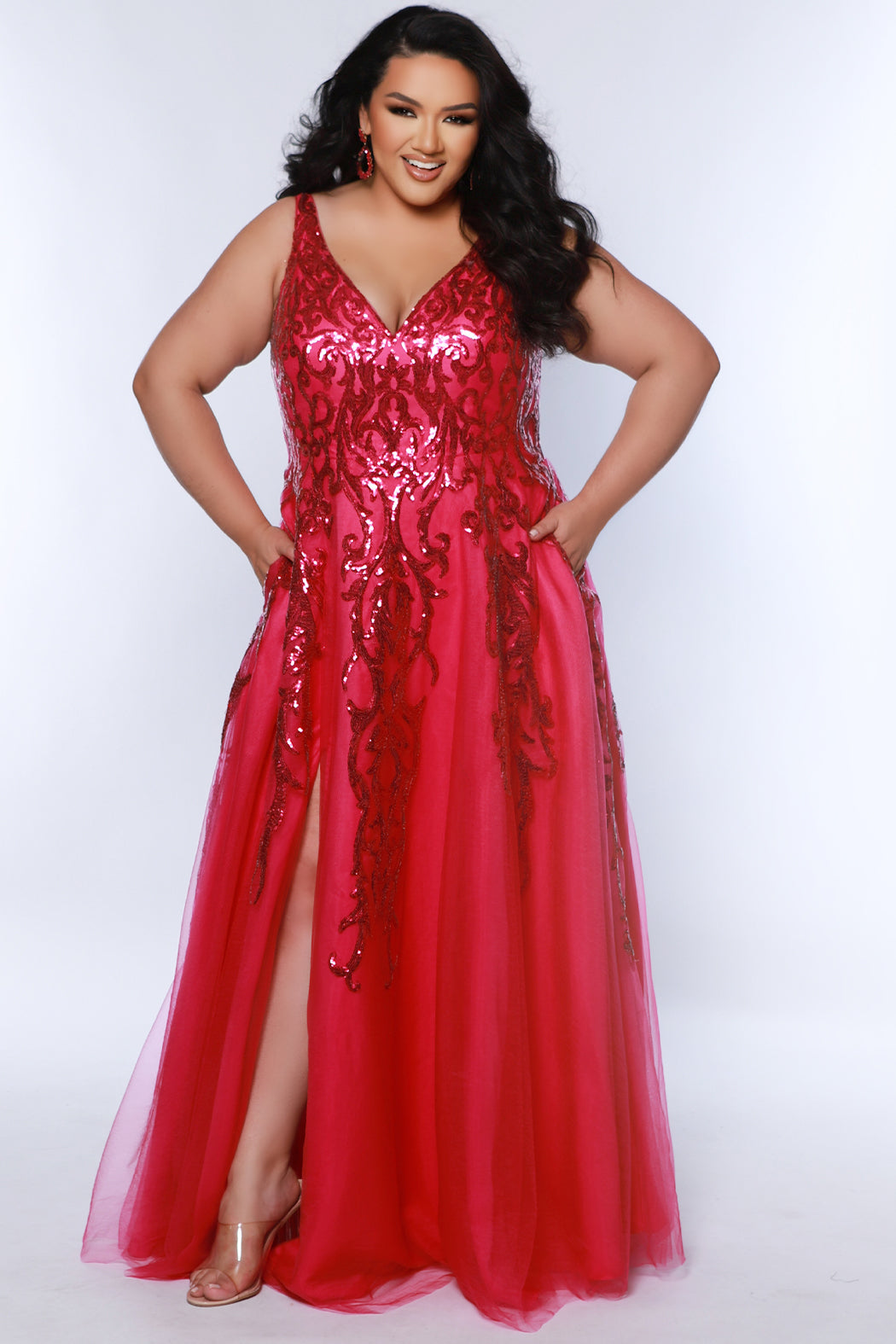 Plus Size Dresses Plus Size A Line Long Formal Sequin Applique Prom Dress Magenta