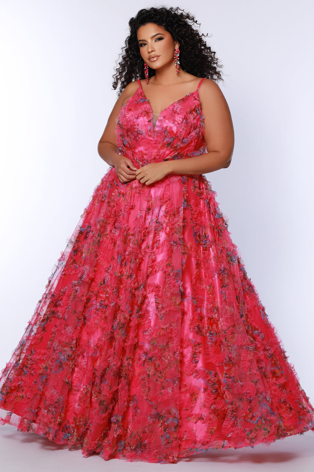 Plus Size Dresses Long Plus Size Formal Floral Pleated Prom Dress Pink