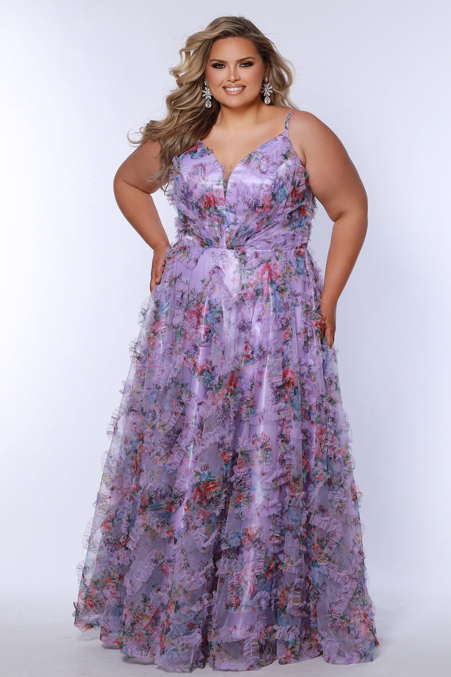Plus Size Dresses Long Plus Size Formal Floral Pleated Prom Dress Lilac