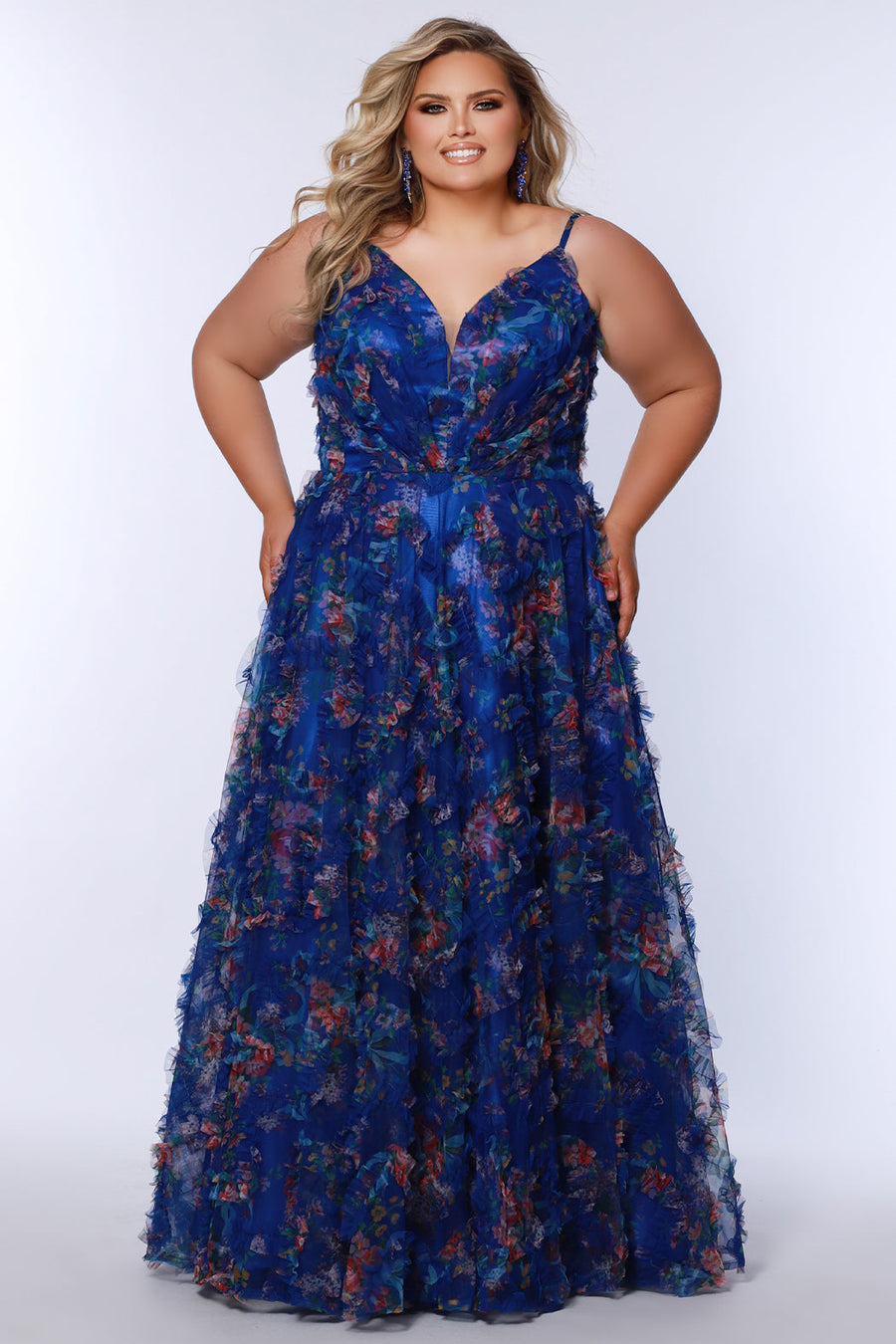 Plus Size Dresses Long Plus Size Formal Floral Pleated Prom Dress Royal