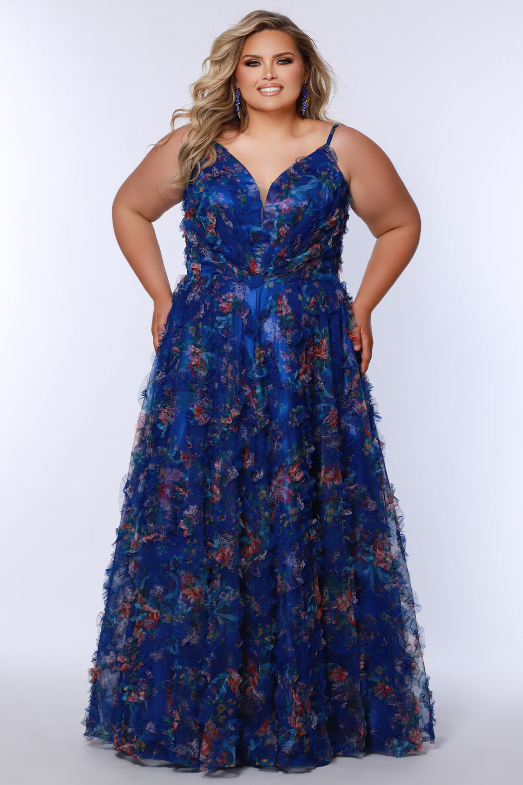 Plus Size Dresses Long Plus Size Formal Floral Pleated Prom Dress Royal