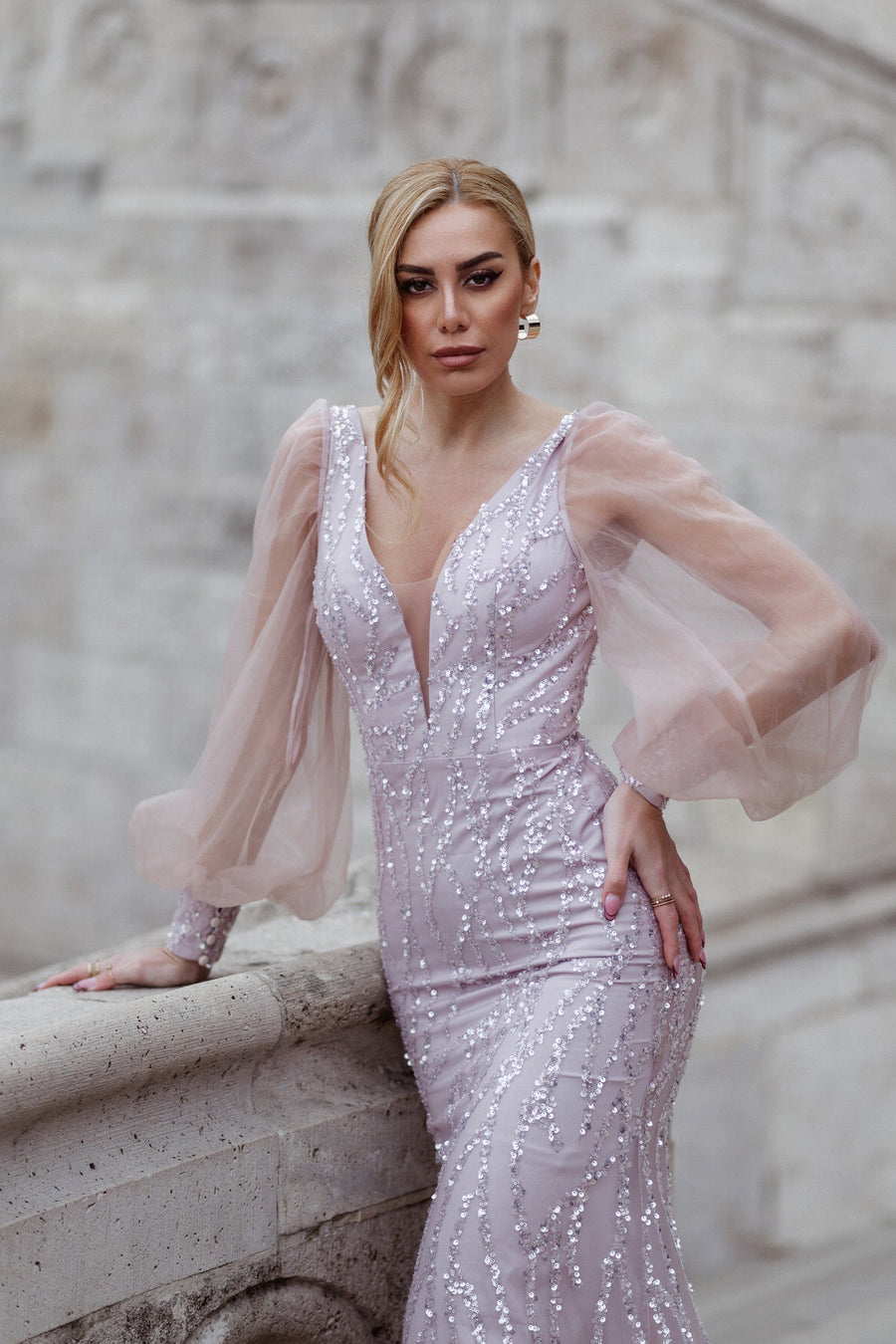 Prom Dresses Beaded Mermaid Long Formal Prom Dress Tea Rose