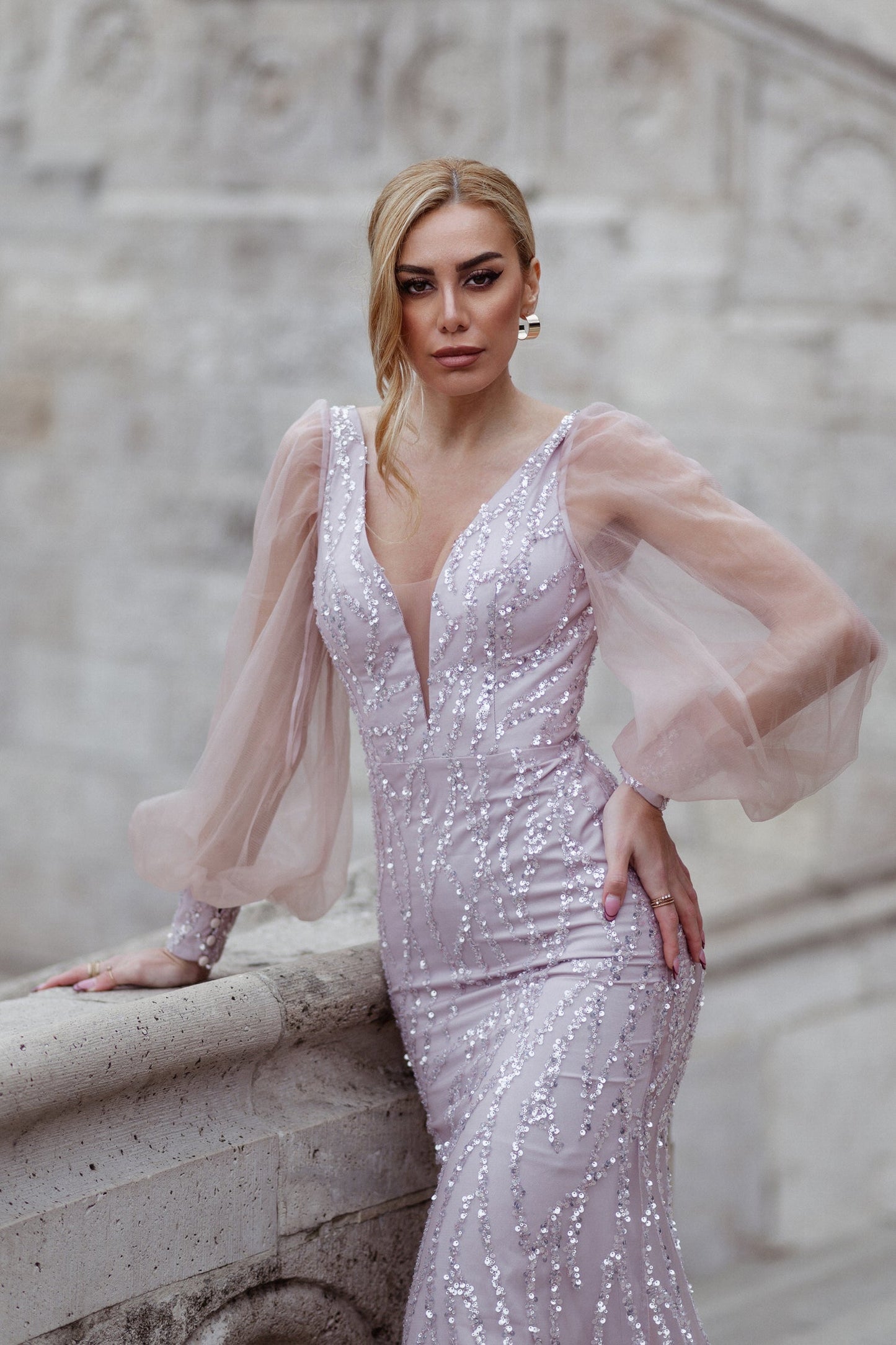 Prom Dresses Beaded Mermaid Long Formal Prom Dress Tea Rose