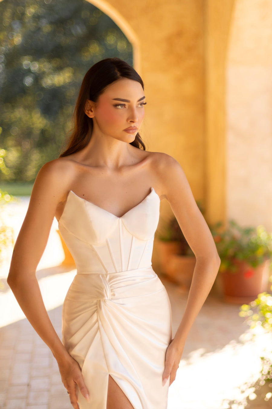 Wedding Dresses Bridal Long Pleated Slit Wedding Dress Off White