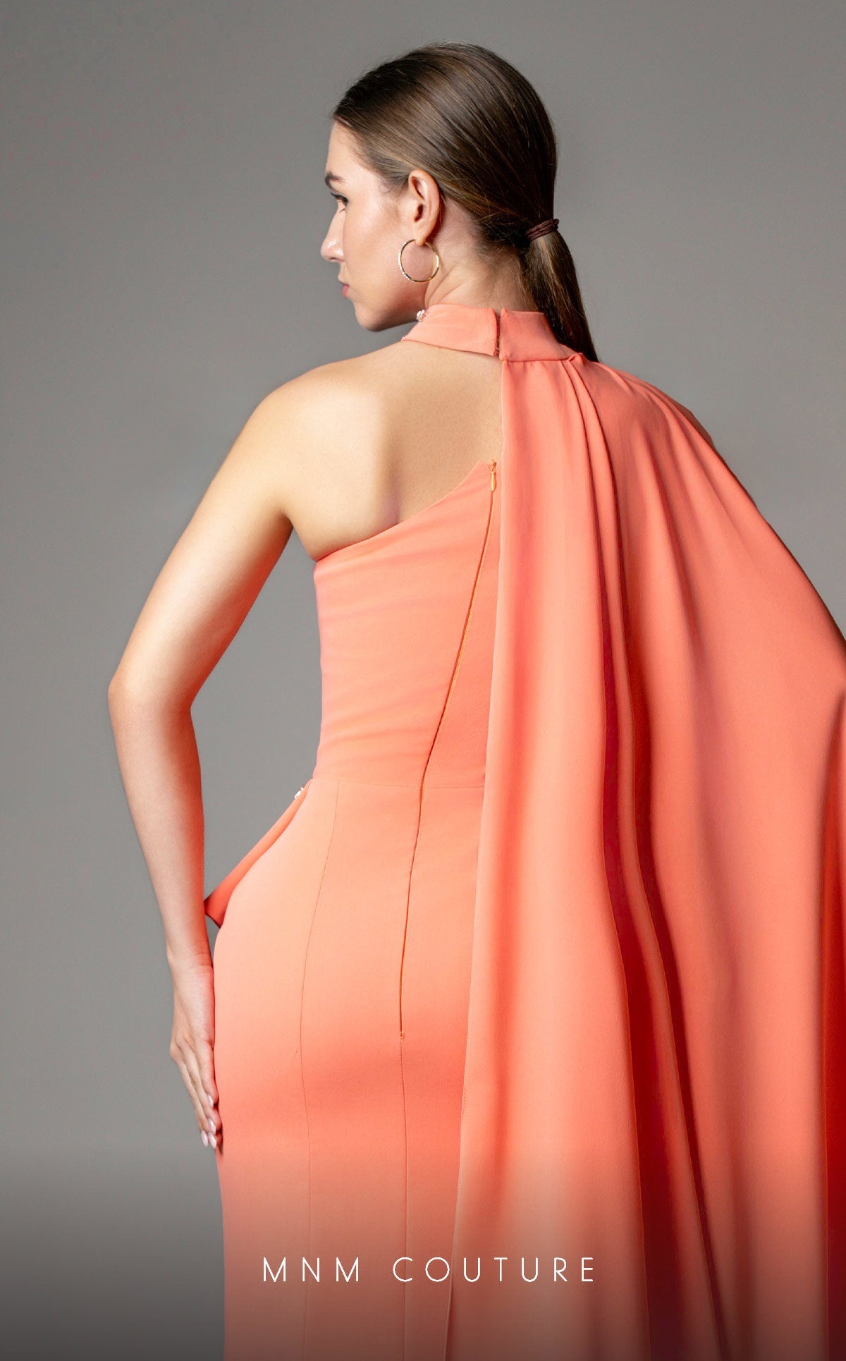 Formal Dresses Fitted Long Formal Slit Pleated Evening Dress Salmon