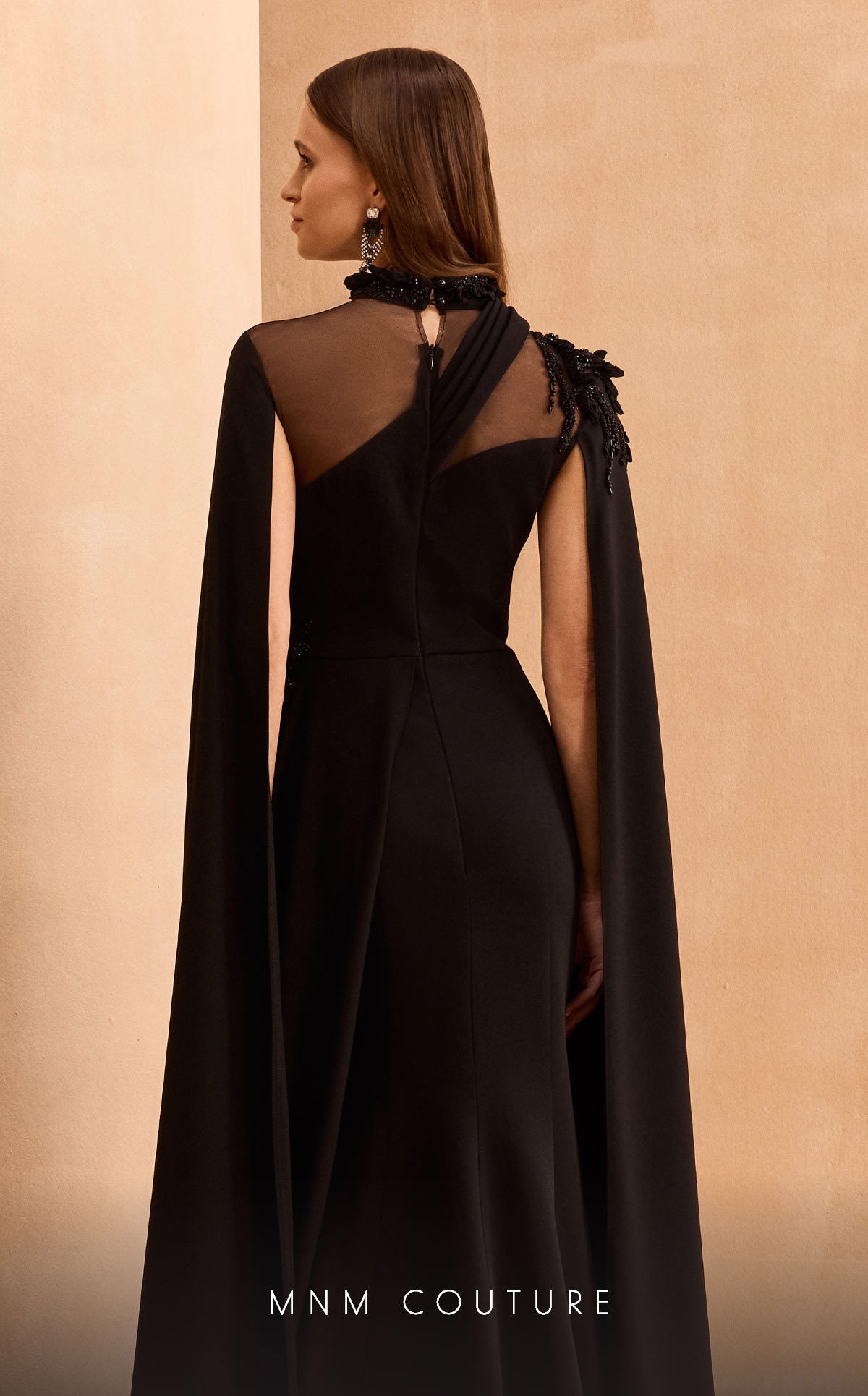 Formal Dresses Pleated Long Formal Cape Sleeve Evening Dress Black