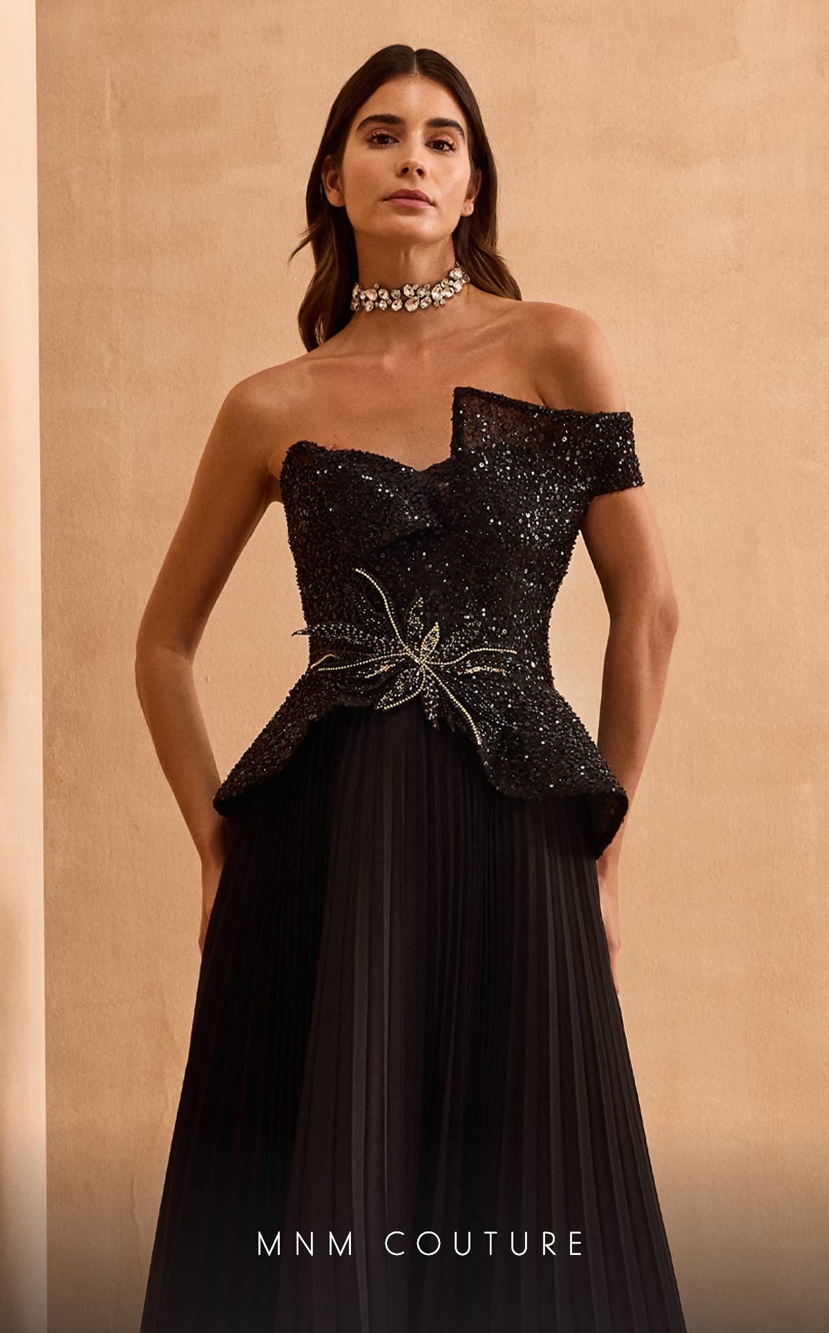 فستان سهرة رسمي طويل من MNM Couture V07282 بتصميم A Line ومزين بالخرز
