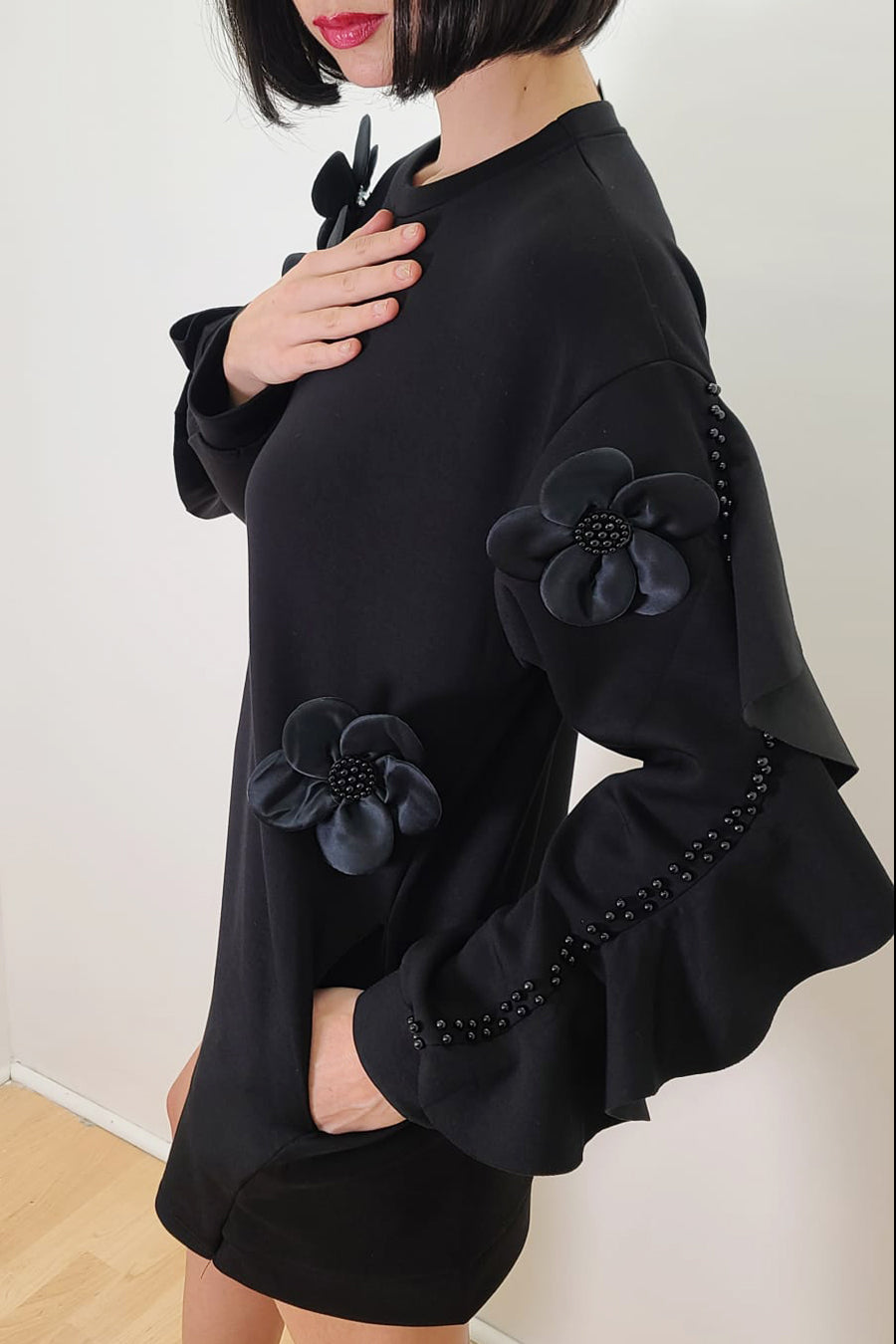 Cocktail Dresses Long Sleeve Flower Embellished Short Dress Black
