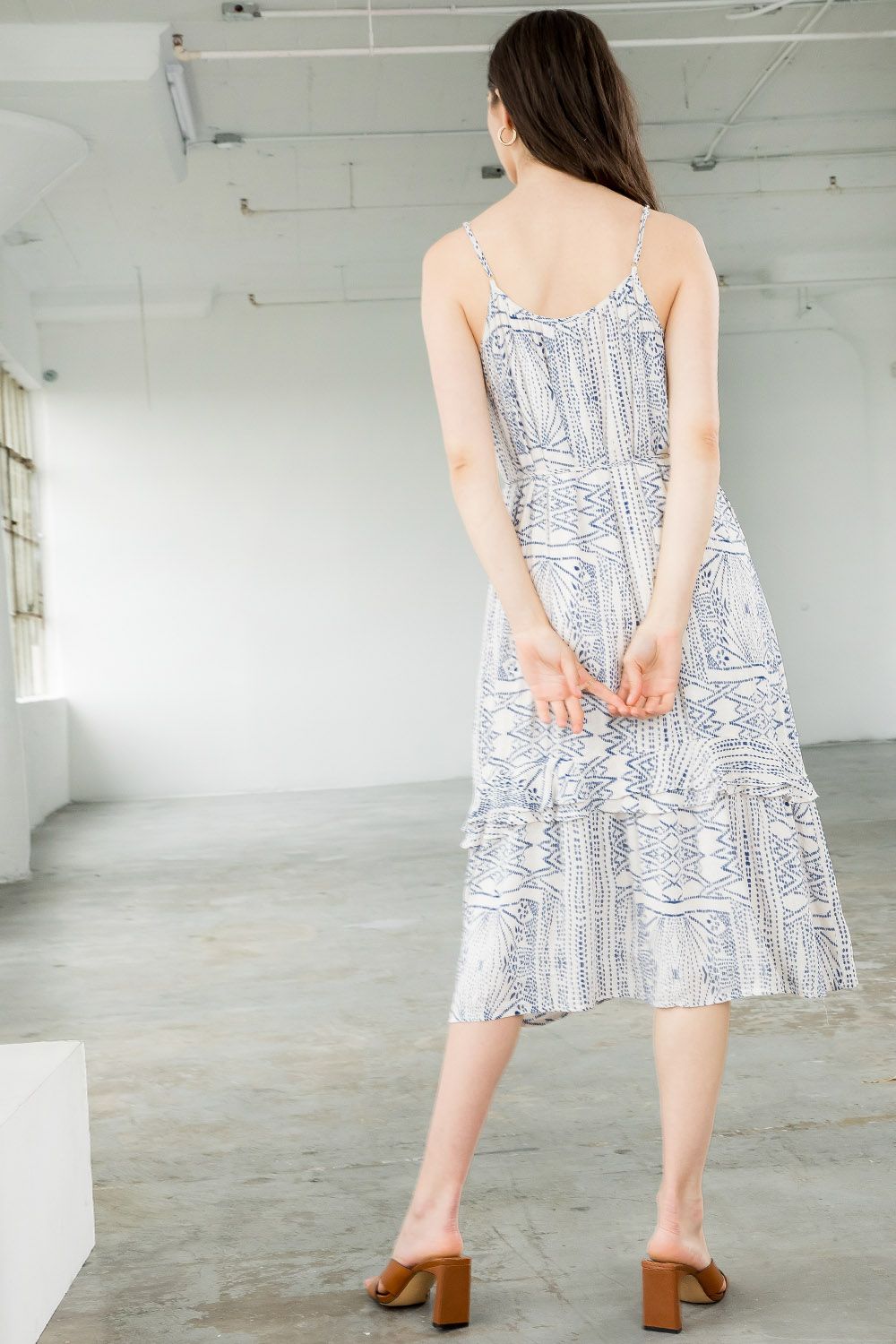 Cocktail Dresses Spaghetti Strap Ruffled Printed Midi Dress Cream