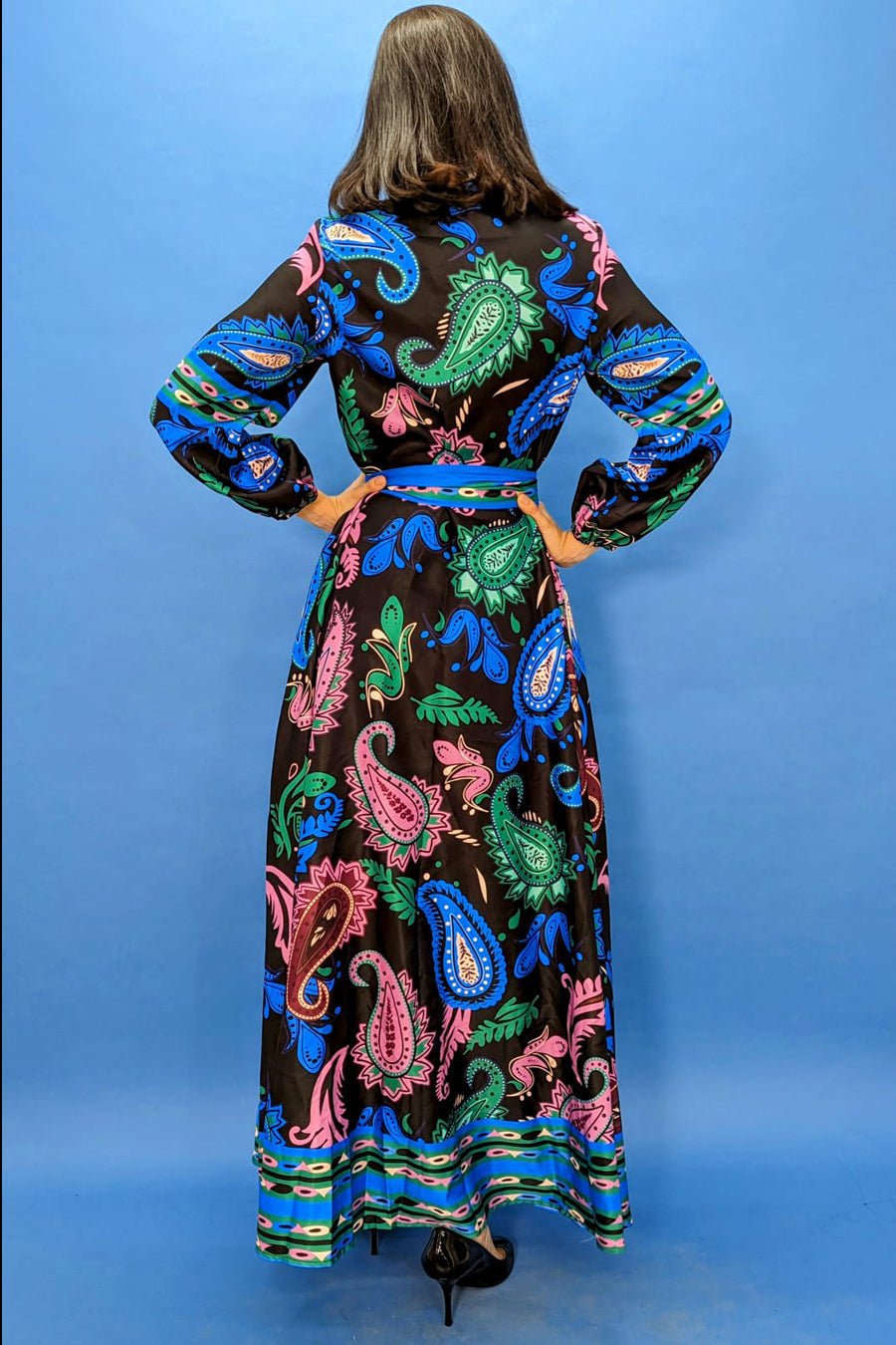 Formal Dresses Long Sleeve V Neck Printed Wrap Belt Button Down Dress Multi