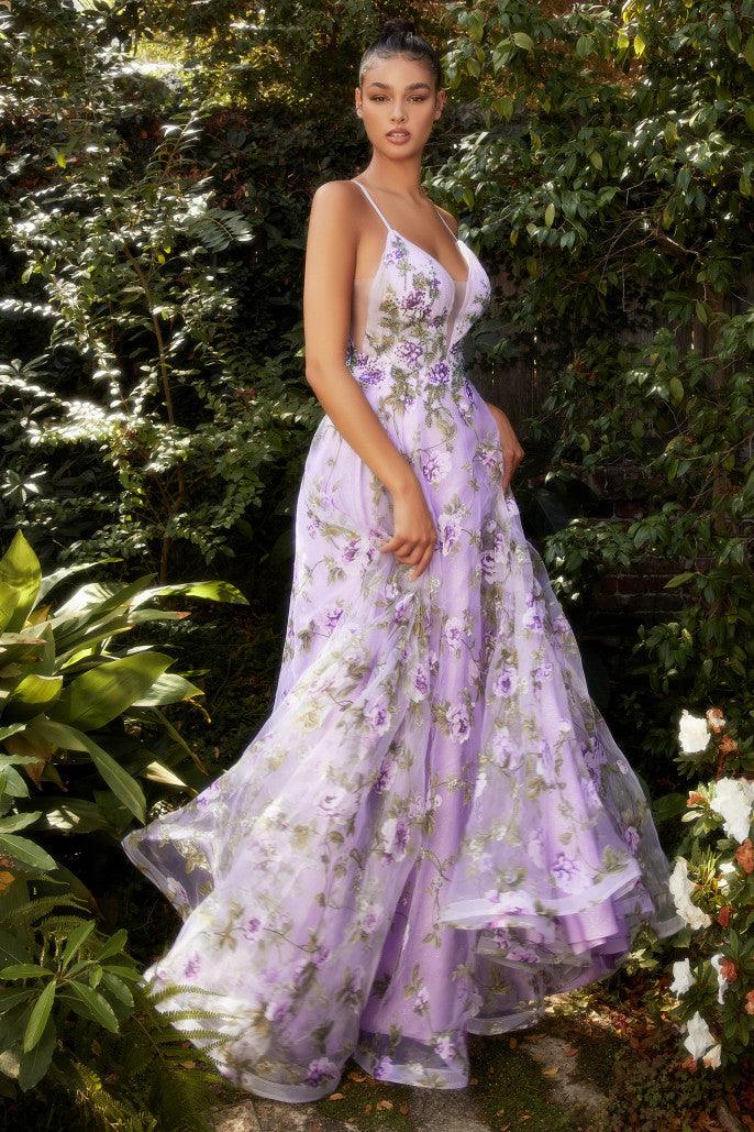 Andrea & Leo A1135 Spaghetti Strap with Lisianthus Print Prom Dress Lilac 3