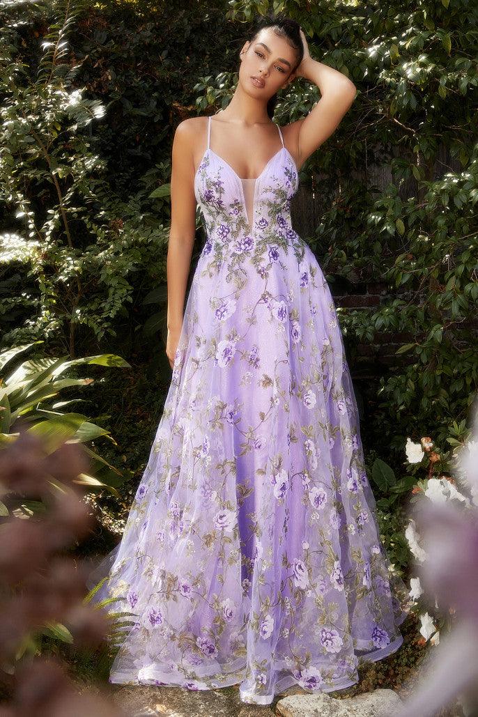 Andrea & Leo A1135 Spaghetti Strap with Lisianthus Print Prom Dress Lilac 4