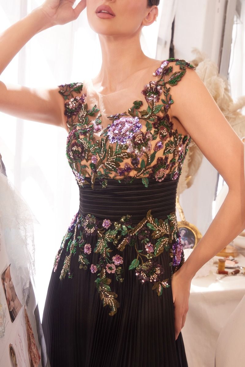 Formal Dresses A Line Long Sequin Pleated Formal Dress Black