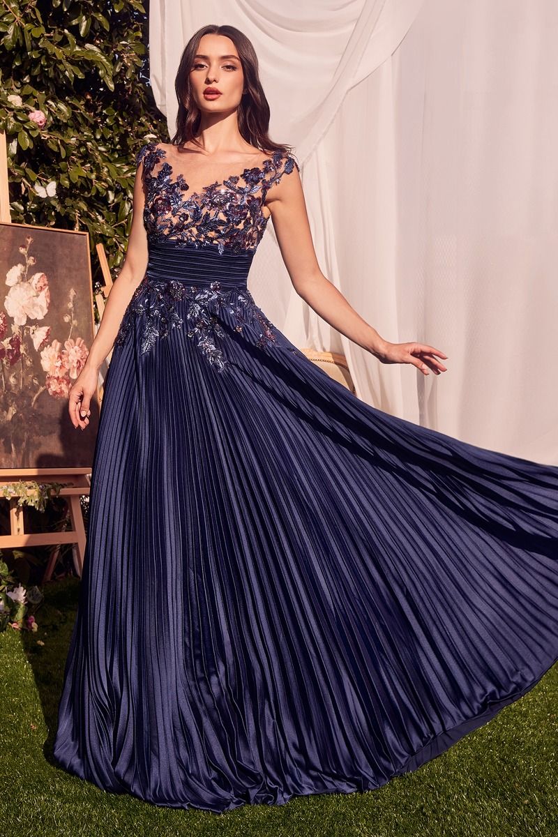 Formal Dresses A Line Long Sequin Pleated Formal Dress Navy