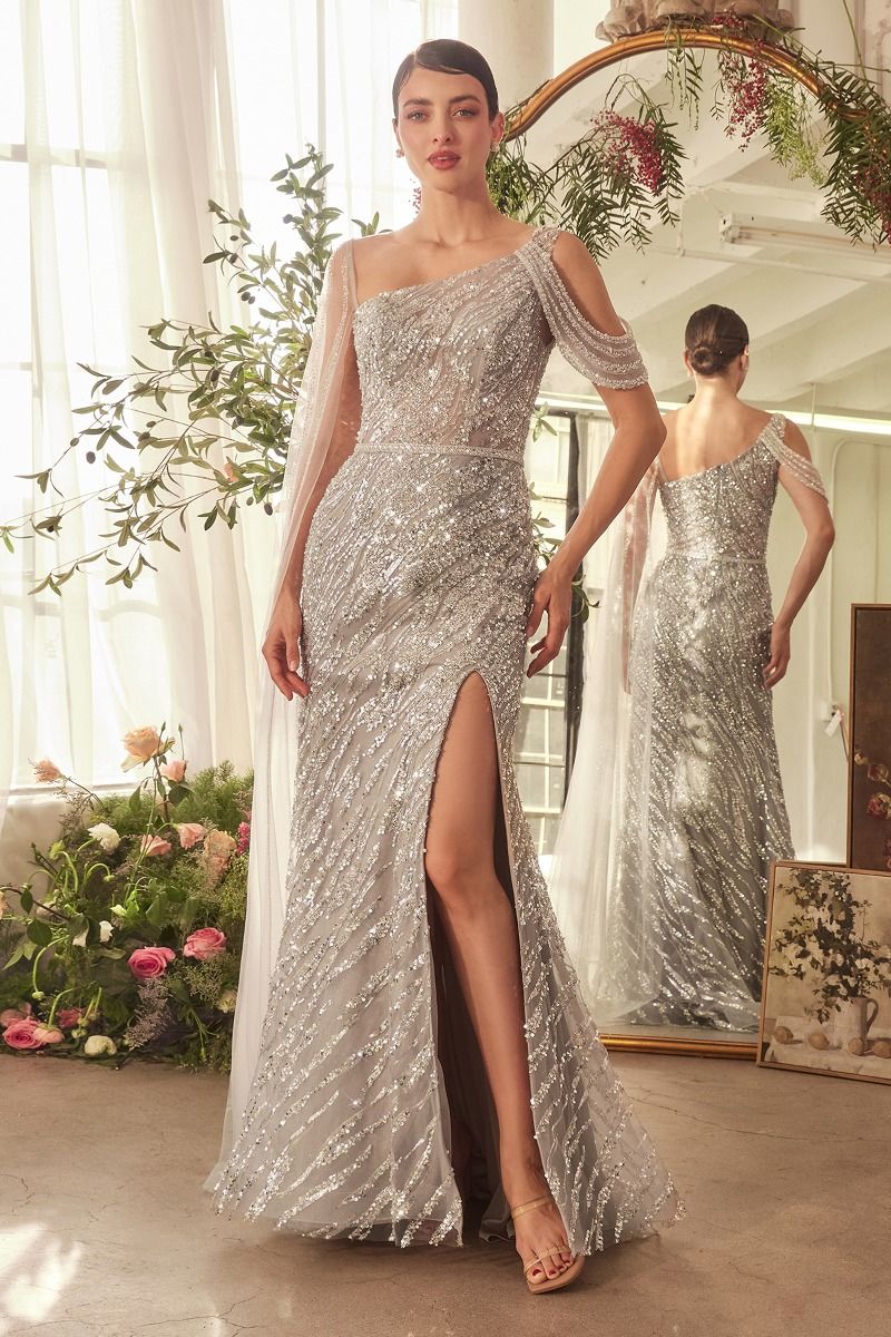Prom Dresses Long Fitted Slit Beaded Formal Prom Dress Silver