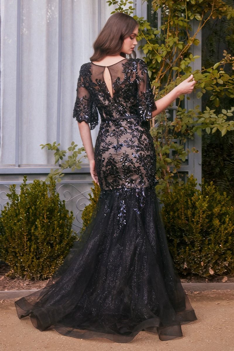 Formal Dresses Long Mermaid Gown Floral Sequin Formal Dress Black Nude