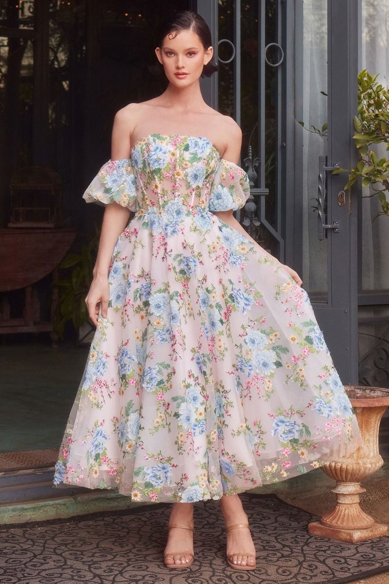 Formal Dresses Tea Length A Line Printed Floral Formal Dress Blue