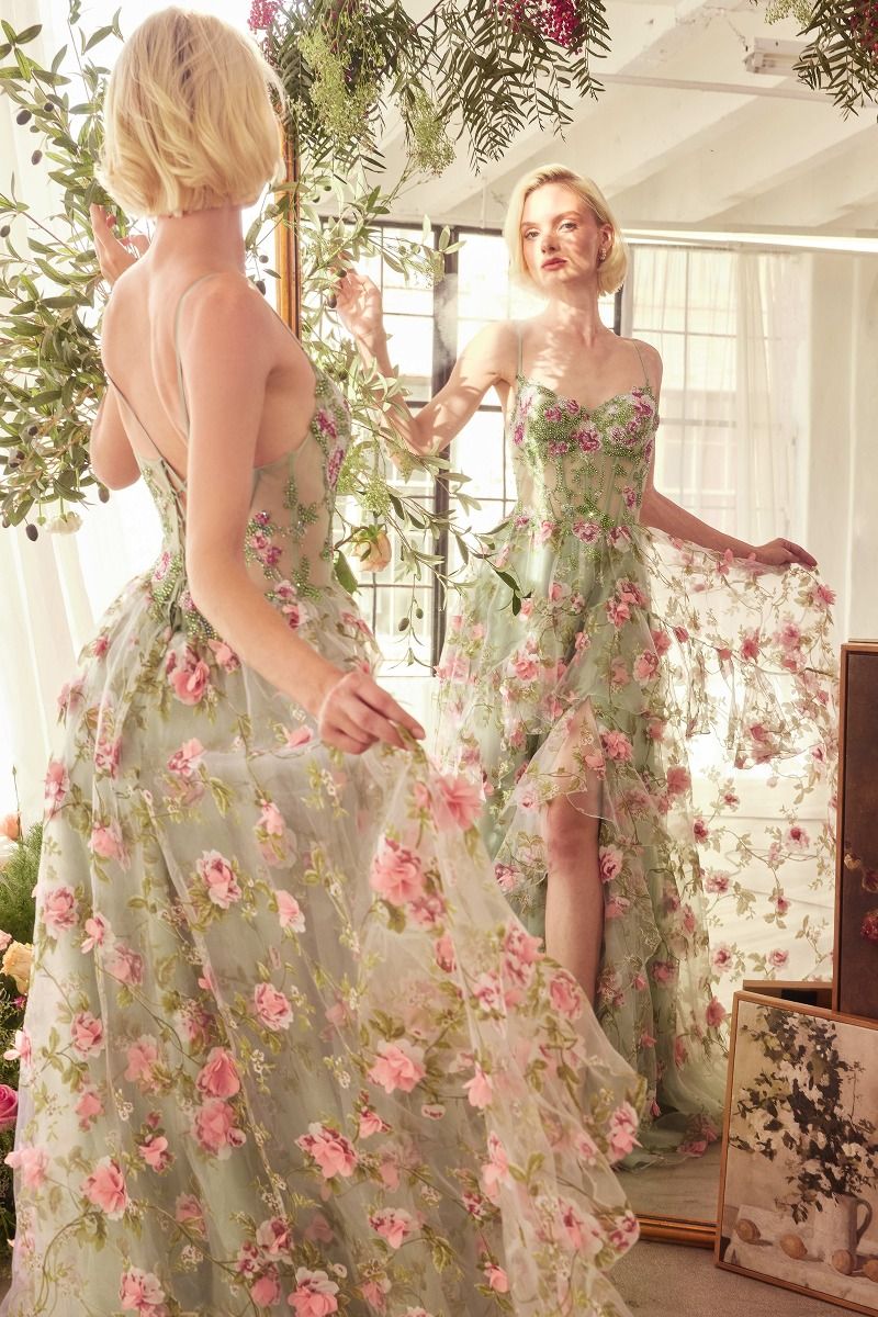 Prom Dresses Long Floral Printed A Line Formal Prom Dress Sage