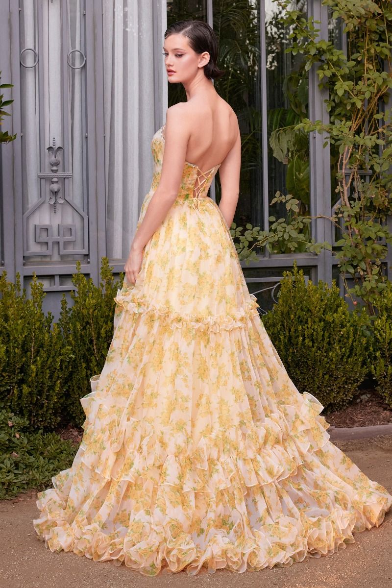 Prom Dresses Ball Gown Long Floral Printed Formal Prom Dress Yellow