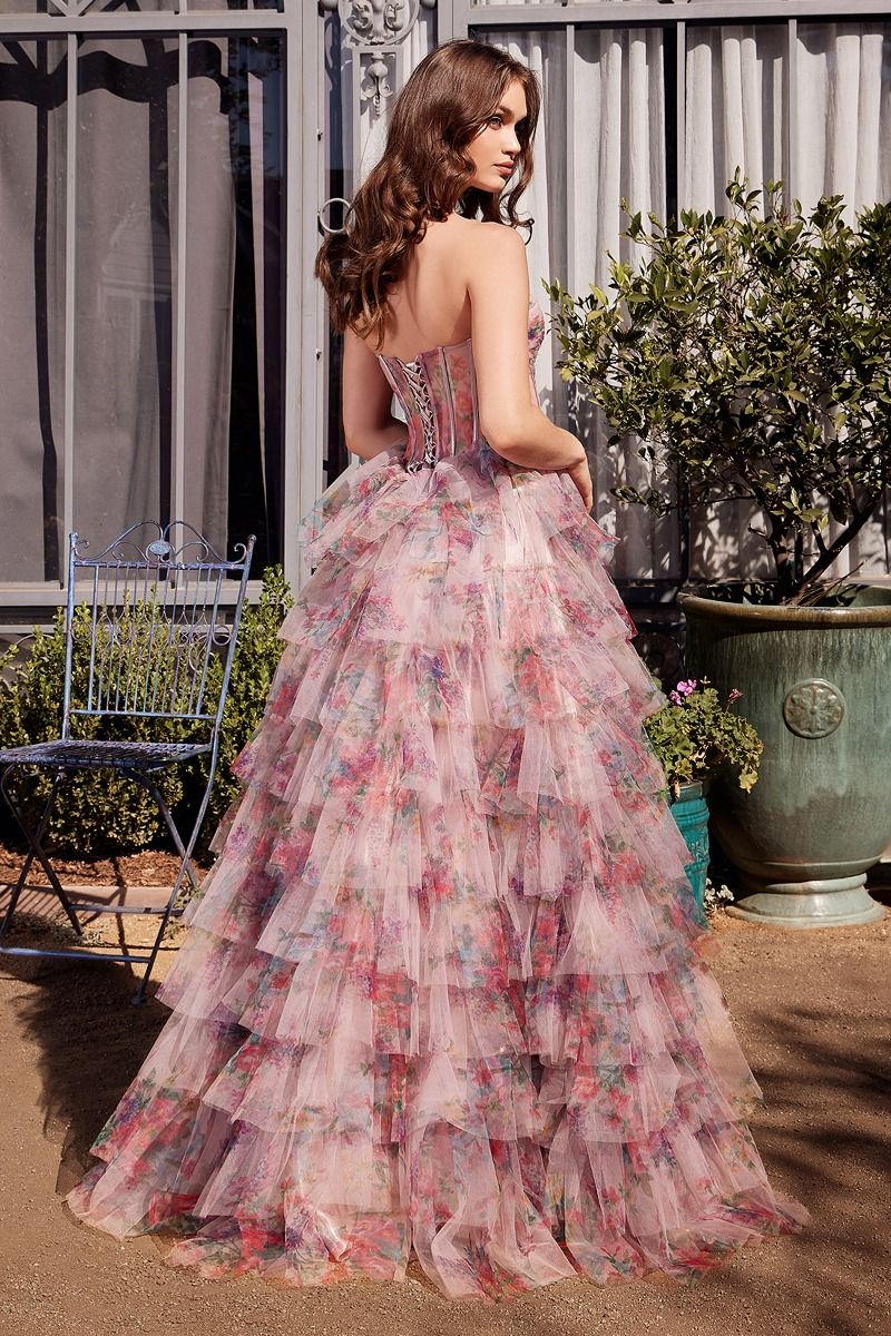 Prom Dresses Long Ball Gown Floral Print Ruffle Corset Prom Dress Multi