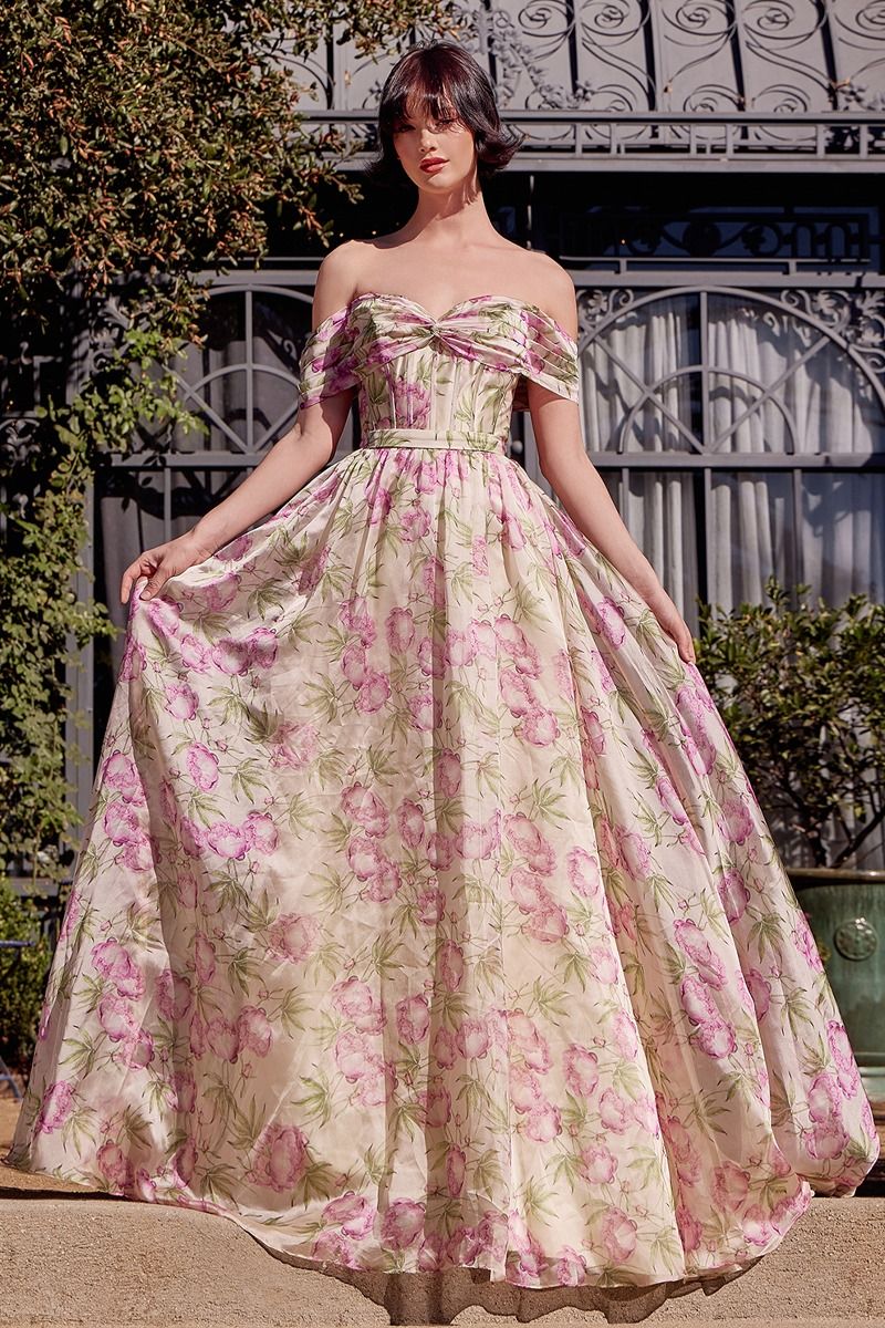 Prom Dresses A Line Long Floral Printed Pattern Formal Prom Dress Pink