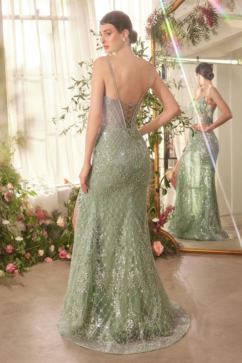 Prom Dresses Beaded Long Formal Corset Prom Slit Dress Sage