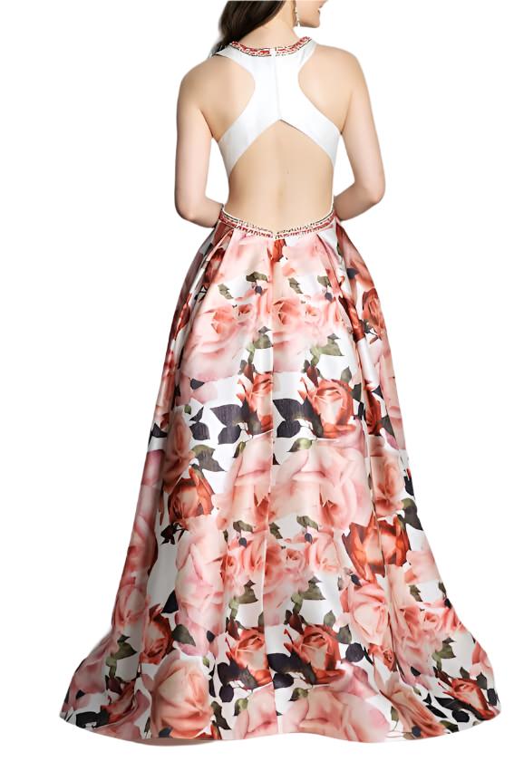 Formal Dresses Long Pleated Floral Print Formal Dress Ivory Multi