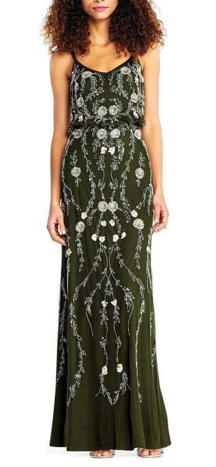 Adrianna Papell Spaghetti Strap Long Formal Mesh Dress - The Dress Outlet Adrianna Papell