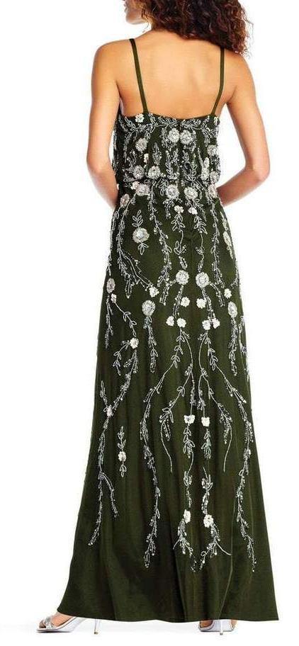 Adrianna Papell Spaghetti Strap Long Formal Mesh Dress - The Dress Outlet Adrianna Papell