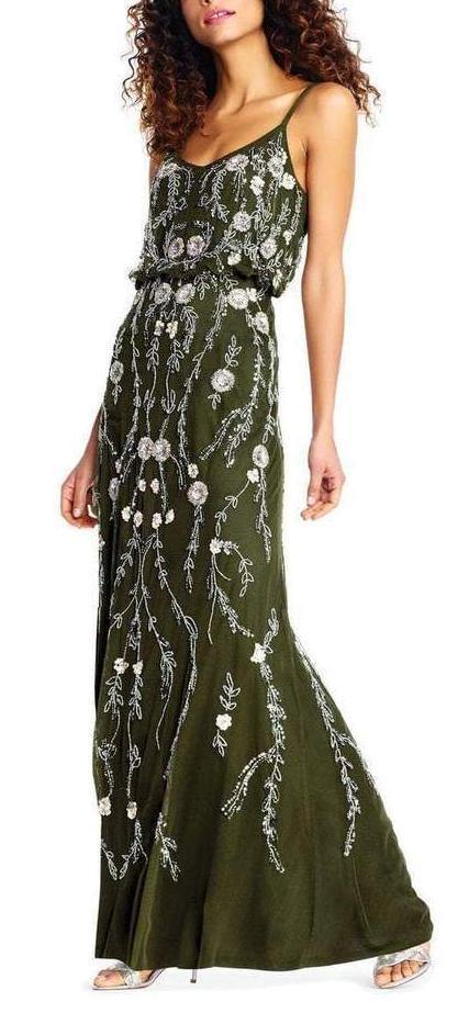 Adrianna Papell Spaghetti Strap Long Formal Mesh Dress - The Dress Outlet Adrianna Papell