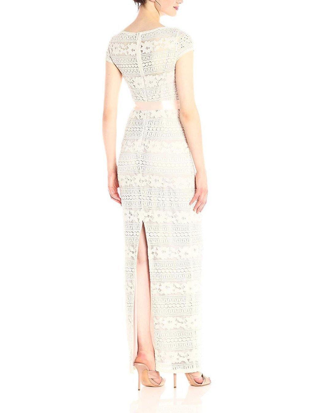 Adrianna Papell Long Crew Neck Short Sleeve Formal Lace Dress - The Dress Outlet Adrianna Papell