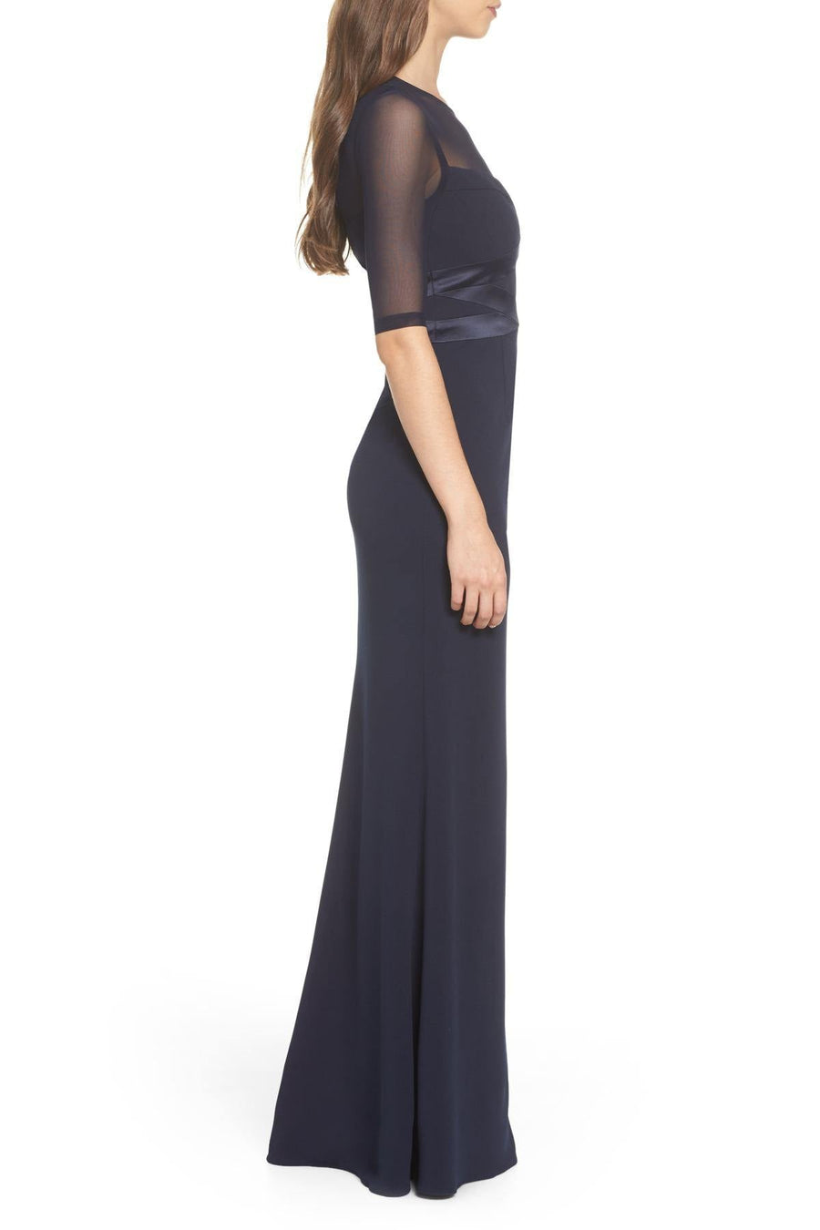 Adrianna Papell Short Sleeve Banded Mesh Long Dress - The Dress Outlet Adrianna Papell