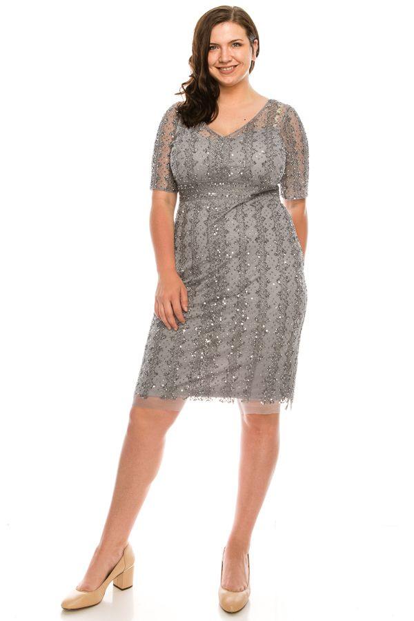 Adrianna Papell Short Beaded Mesh Dress AP1E205393 - The Dress Outlet