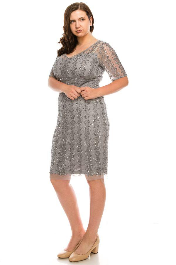Adrianna Papell Short Beaded Mesh Dress AP1E205393 - The Dress Outlet