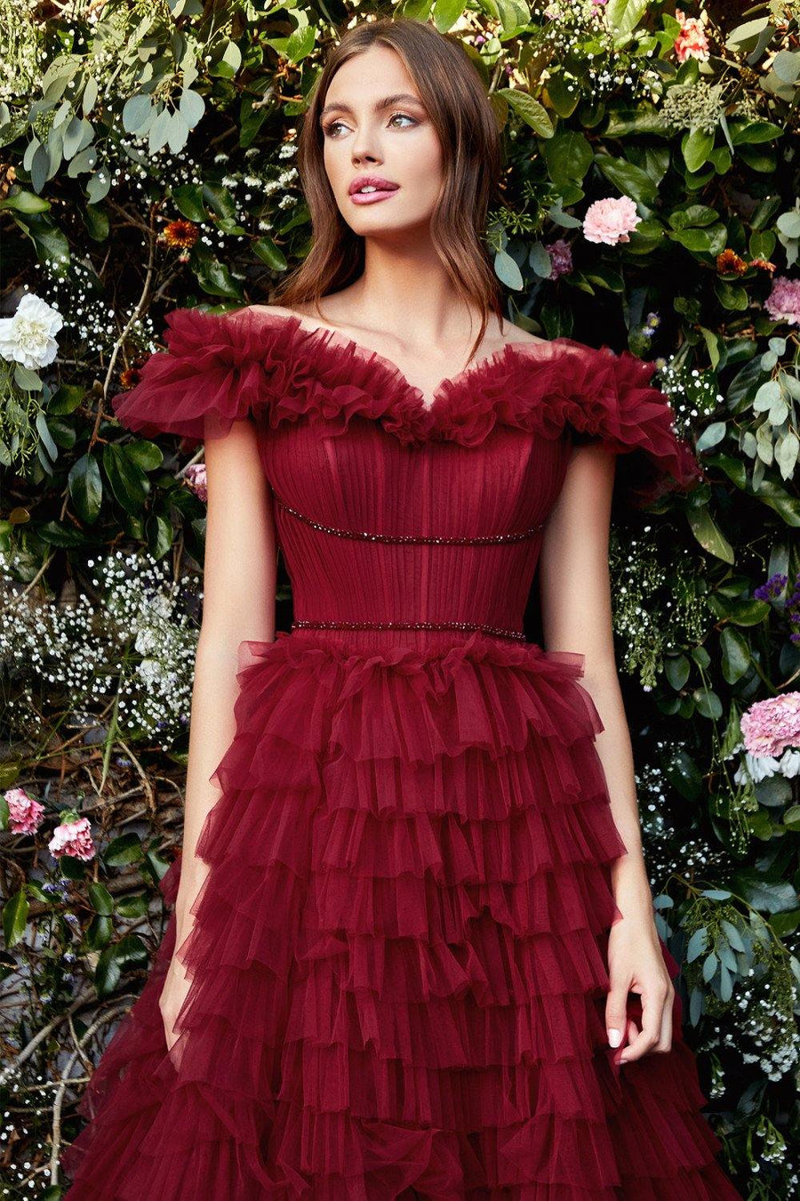 Andrea & Leo A1032 Ruffle Tulle Prom Dress Burgundy